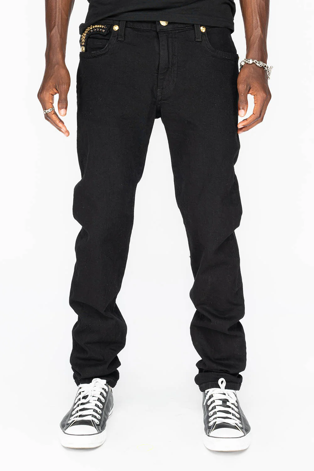 KILLER FLAP MENS SKINNY JEANS IN PURE BLACK WITH GOLD WINGS AND FULL CRYSTAL - Image 4