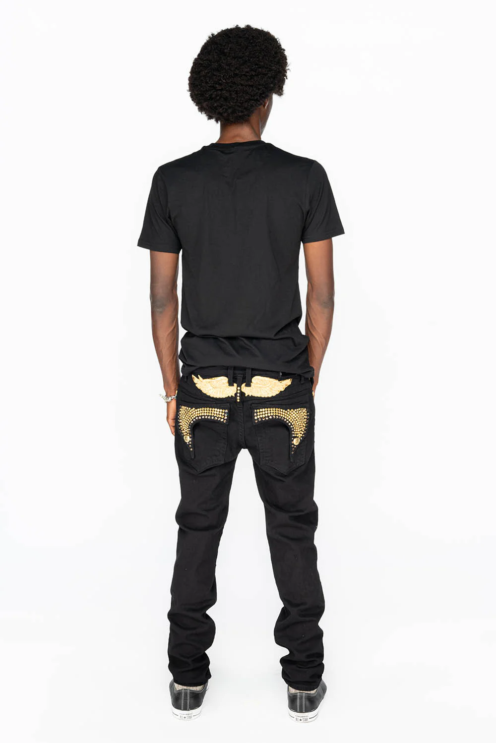 KILLER FLAP MENS SKINNY JEANS IN PURE BLACK WITH GOLD WINGS AND FULL CRYSTAL - Image 5