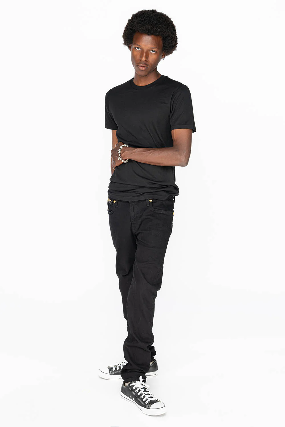 KILLER FLAP MENS SKINNY JEANS IN PURE BLACK WITH GOLD WINGS AND FULL CRYSTAL - Image 6