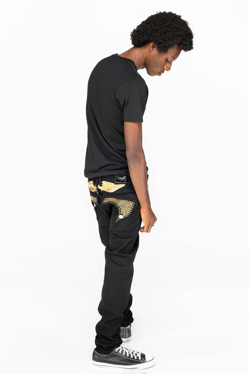 KILLER FLAP MENS SKINNY JEANS IN PURE BLACK WITH GOLD WINGS AND FULL CRYSTAL - Image 8