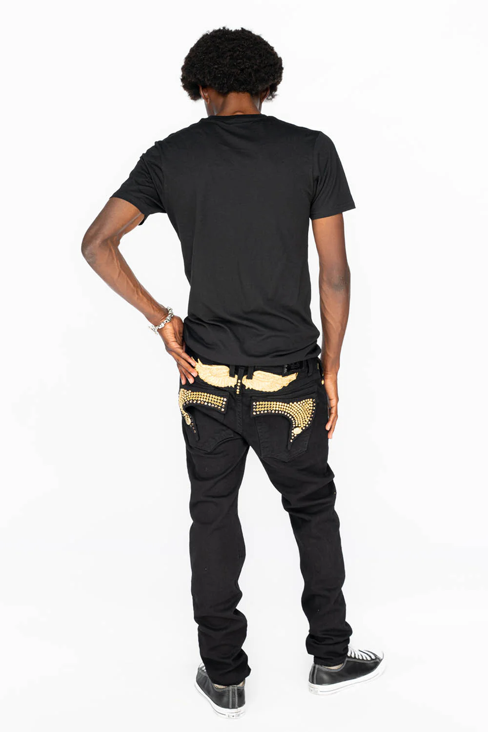 KILLER FLAP MENS SKINNY JEANS IN PURE BLACK WITH GOLD WINGS AND FULL CRYSTAL - Image 9