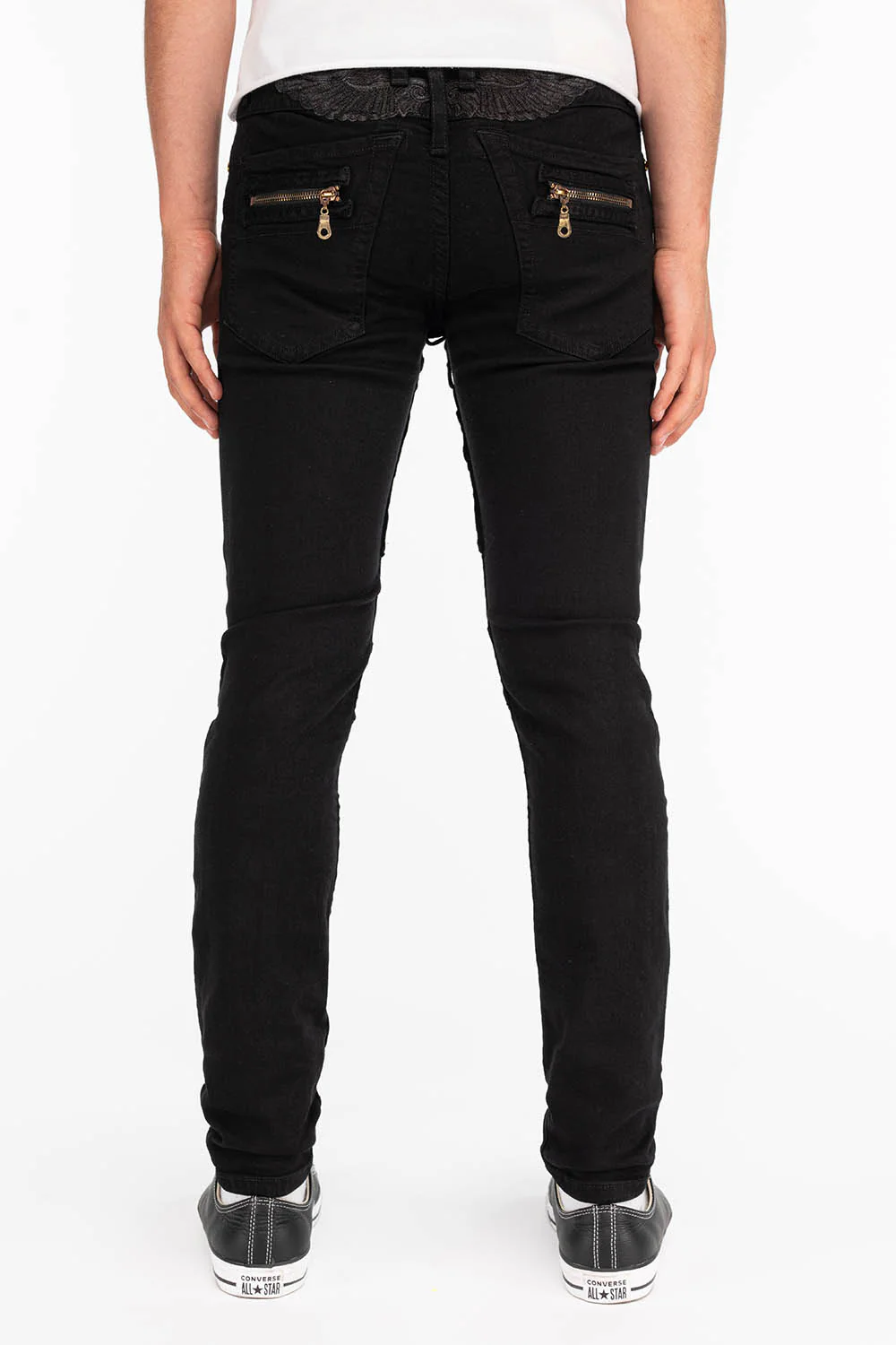 MENS NEW BIKER SKINNY JEANS IN PURE BLACK WITH WINGS - Image 2
