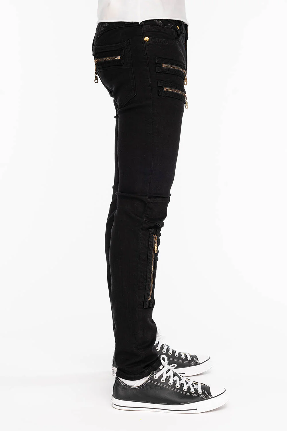 MENS NEW BIKER SKINNY JEANS IN PURE BLACK WITH WINGS - Image 3