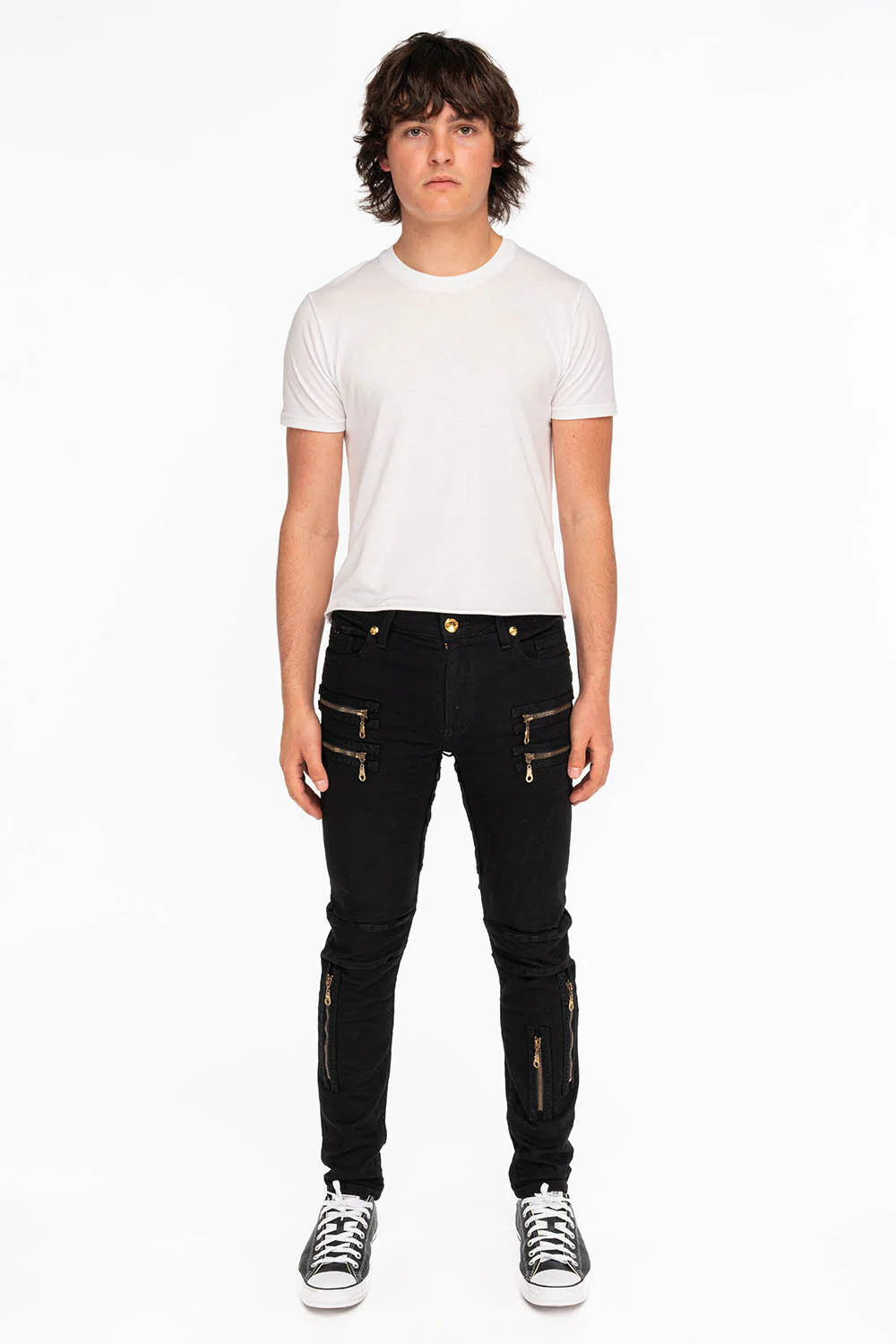 MENS NEW BIKER SKINNY JEANS IN PURE BLACK WITH WINGS - Image 4