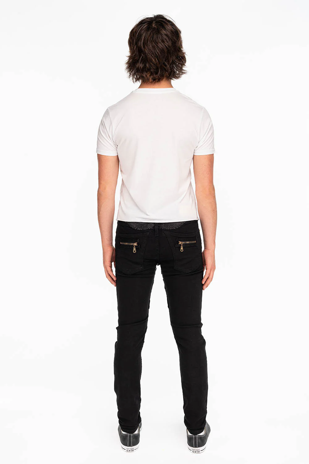 MENS NEW BIKER SKINNY JEANS IN PURE BLACK WITH WINGS - Image 5