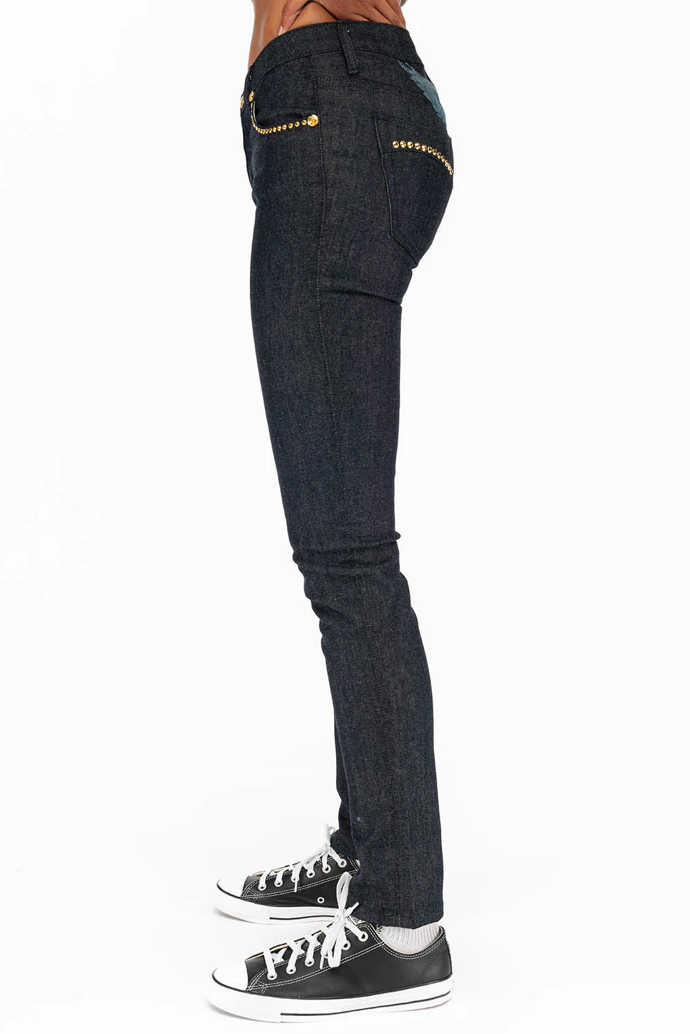 WOMENS CLASSIC 5 POCKET SKINNY JEANS WITH GOLD CRYSTALS IN RAW - Image 3