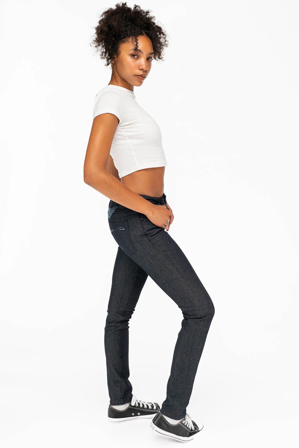 WOMENS CLASSIC 5 POCKET SKINNY JEANS WITH MONTANA BLUE CRYSTALS IN RAW - Image 5