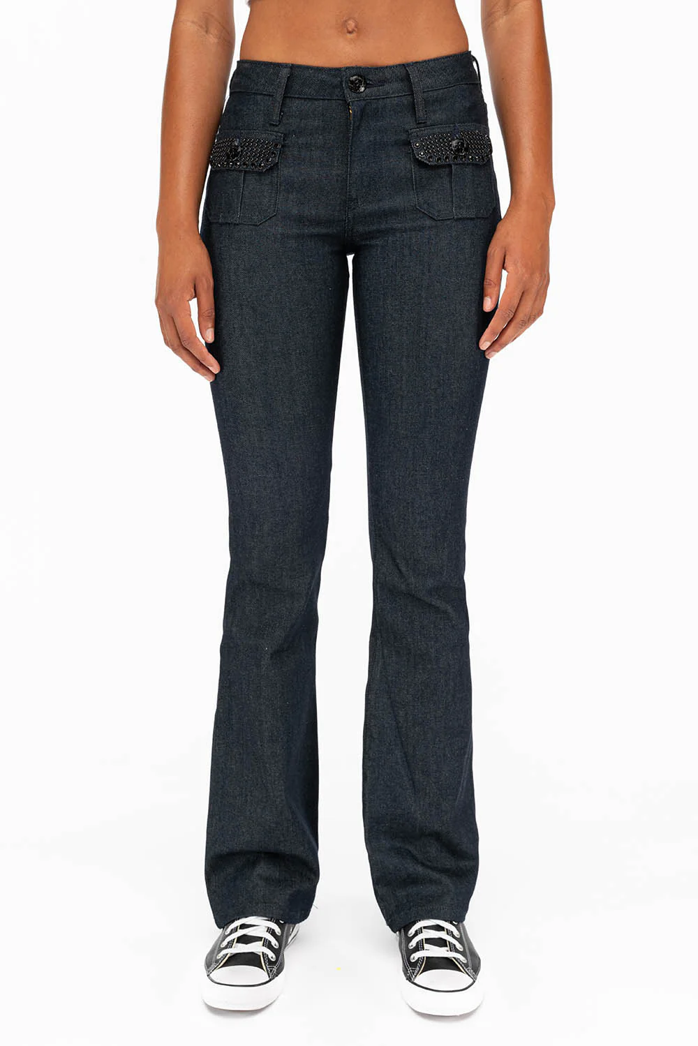 WOMENS MILITARY STYLE BOOT LEG JEANS WITH JET CRYSTALS IN RAW - Image 2