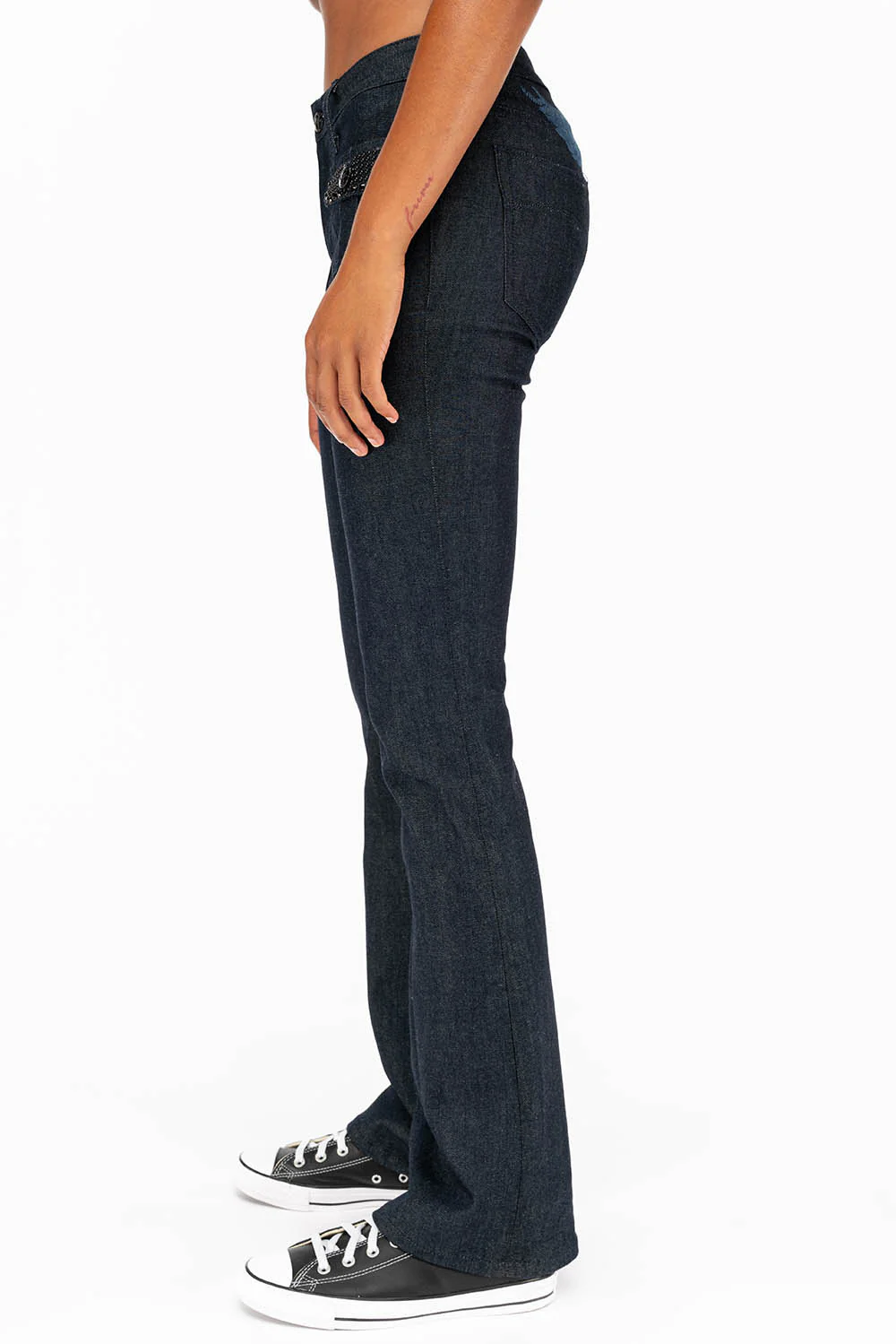 WOMENS MILITARY STYLE BOOT LEG JEANS WITH JET CRYSTALS IN RAW - Image 4