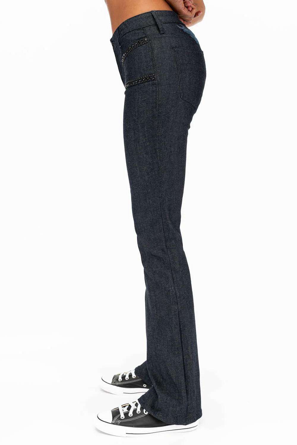 WOMENS SIDE SEAM FRONT POCKETS BOOT LEG JEANS WITH JET BLACK CRYSTALS IN RAW - Image 3