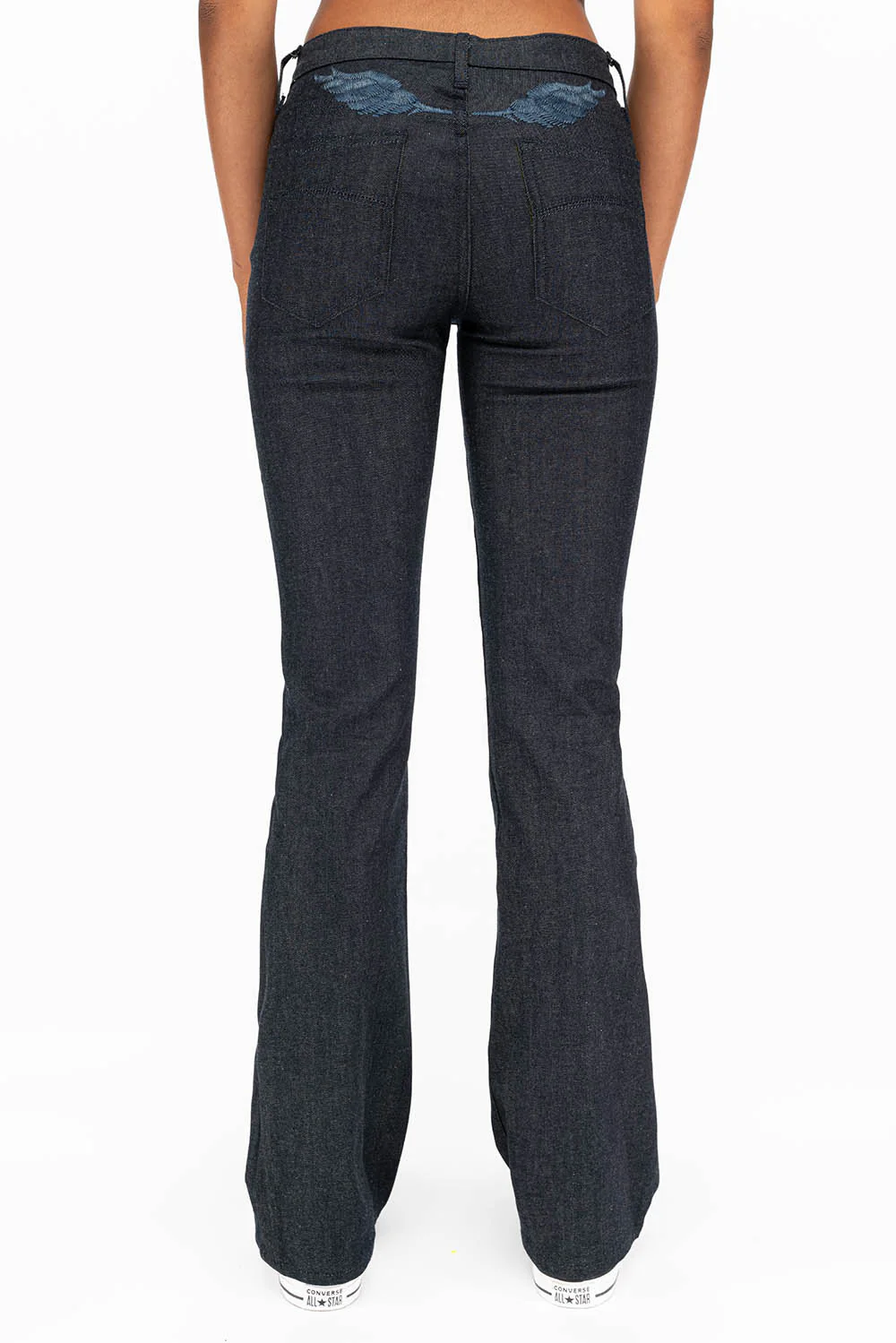 WOMENS SIDE SEAM FRONT POCKETS BOOT LEG JEANS WITH JET BLACK CRYSTALS IN RAW - Image 4