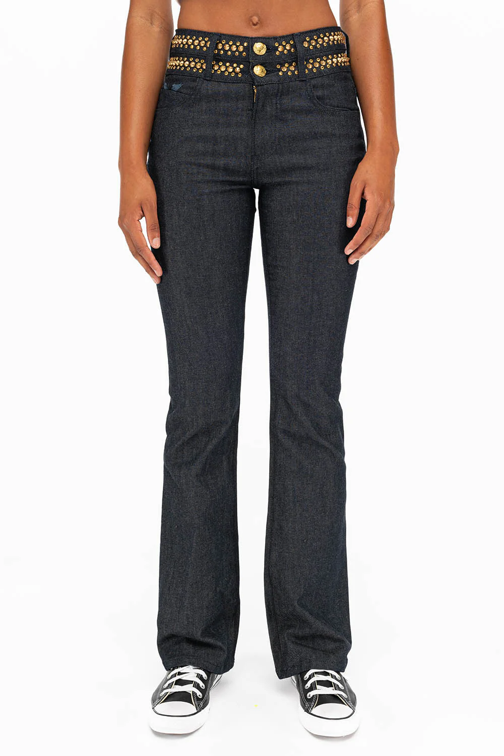 WOMENS DOUBLE WAISTBAND HIGH RISE BOOT LEG JEANS WITH AURUM CRYSTALS IN RAW - Image 3