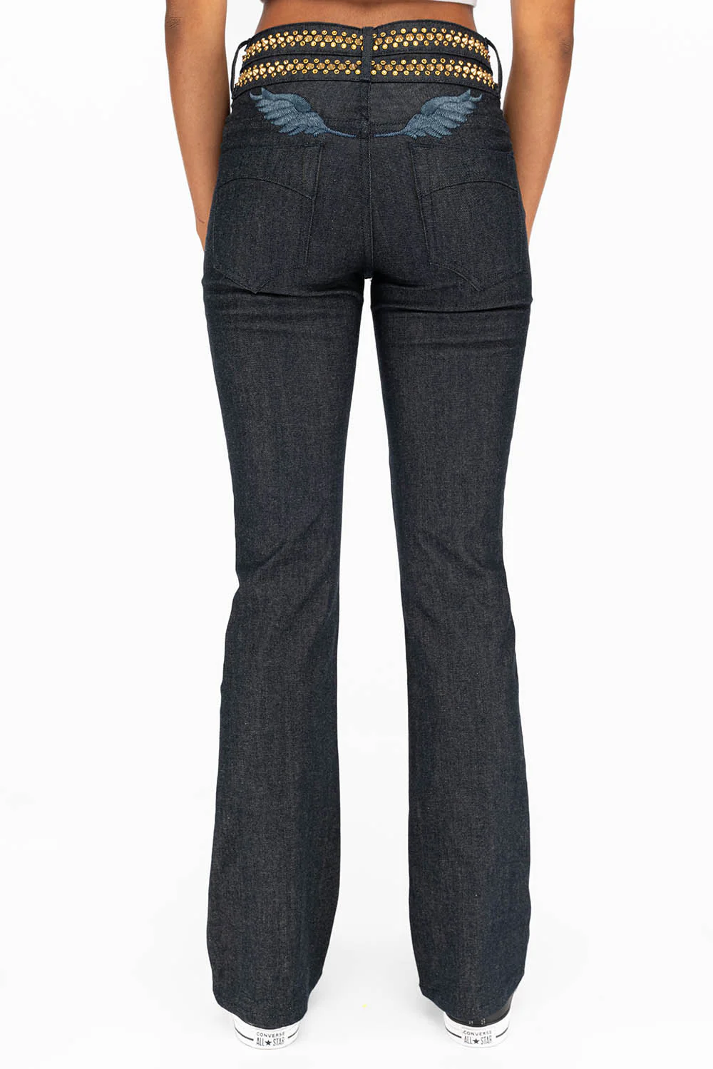WOMENS DOUBLE WAISTBAND HIGH RISE BOOT LEG JEANS WITH AURUM CRYSTALS IN RAW - Image 4
