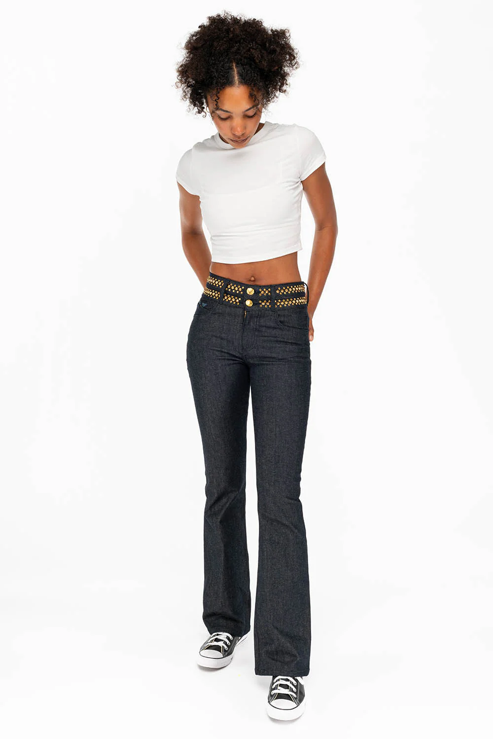WOMENS DOUBLE WAISTBAND HIGH RISE BOOT LEG JEANS WITH AURUM CRYSTALS IN RAW - Image 5