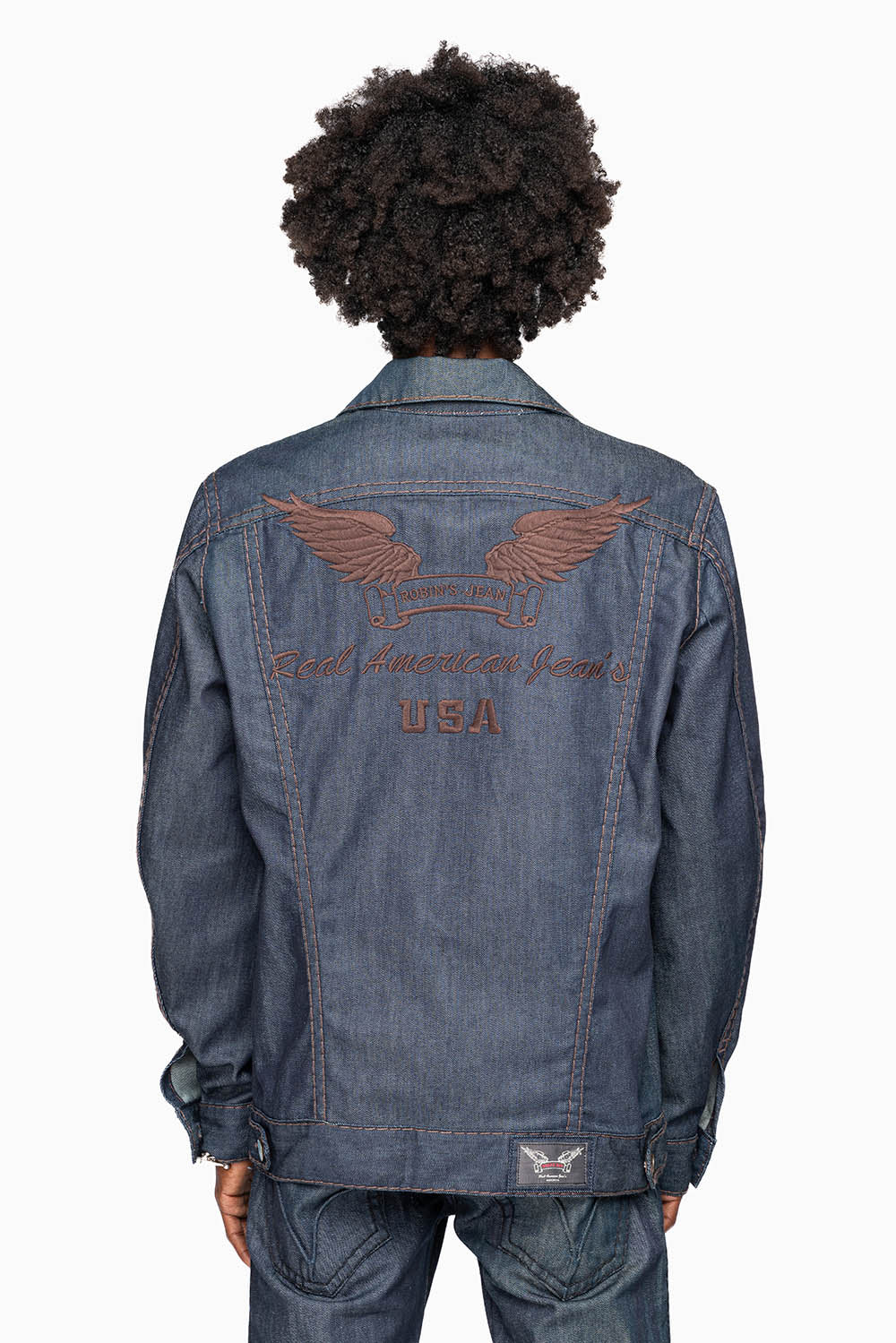 MEN’S CLASSIC RAW  DENIM  JEAN JKT WITH HEAVY BROWN CONTRAST STITCHING AND ROBIN’S WING LOGO EMBROIDERY - Image 3