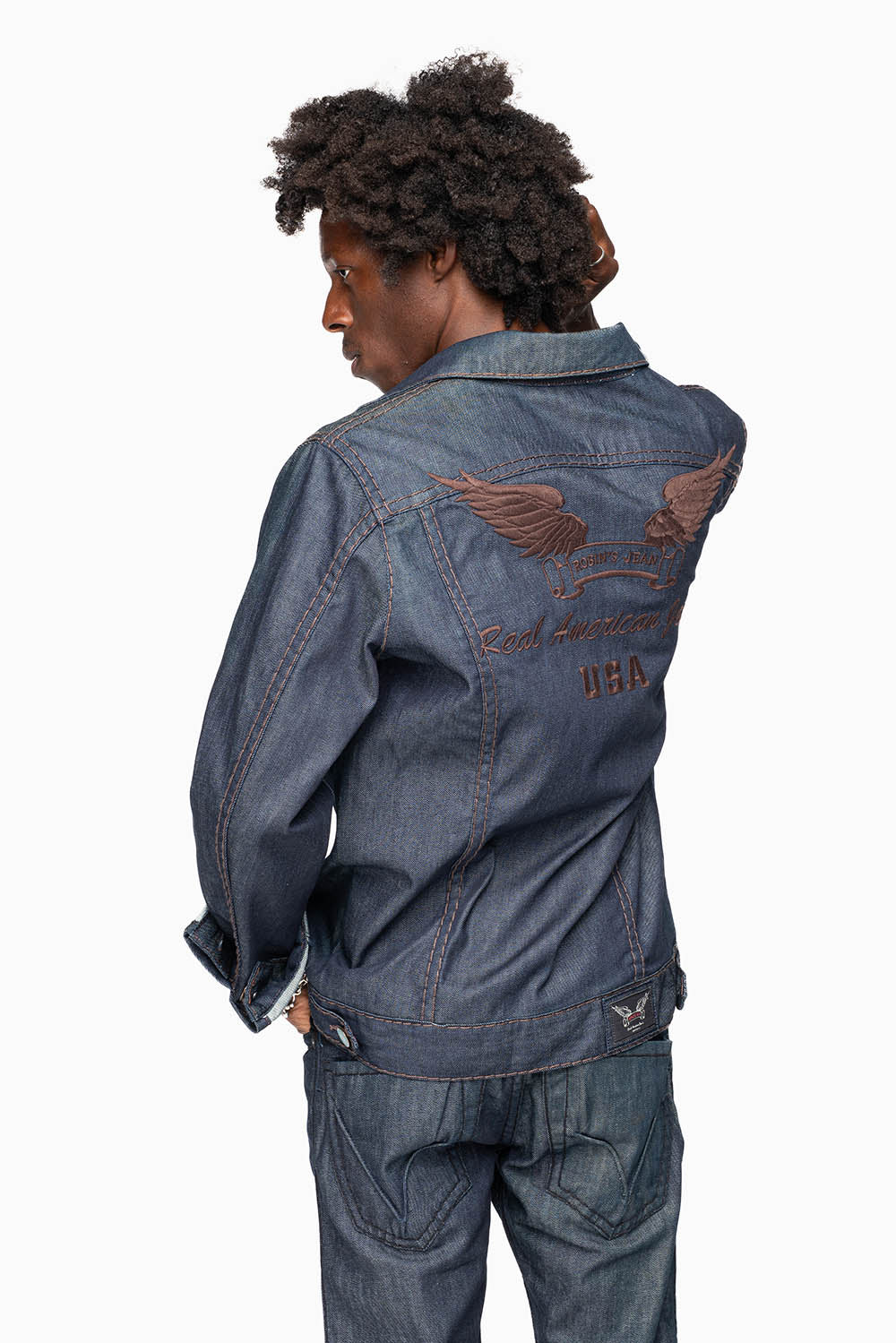 MEN’S CLASSIC RAW  DENIM  JEAN JKT WITH HEAVY BROWN CONTRAST STITCHING AND ROBIN’S WING LOGO EMBROIDERY - Image 5