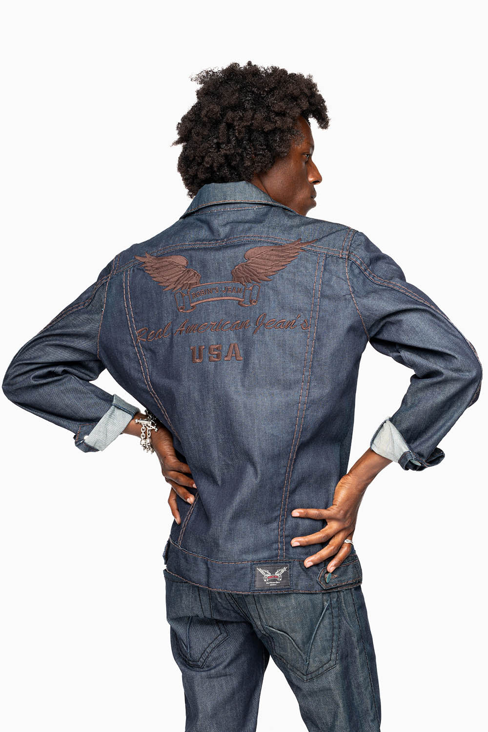 MEN’S CLASSIC RAW  DENIM  JEAN JKT WITH HEAVY BROWN CONTRAST STITCHING AND ROBIN’S WING LOGO EMBROIDERY - Image 7