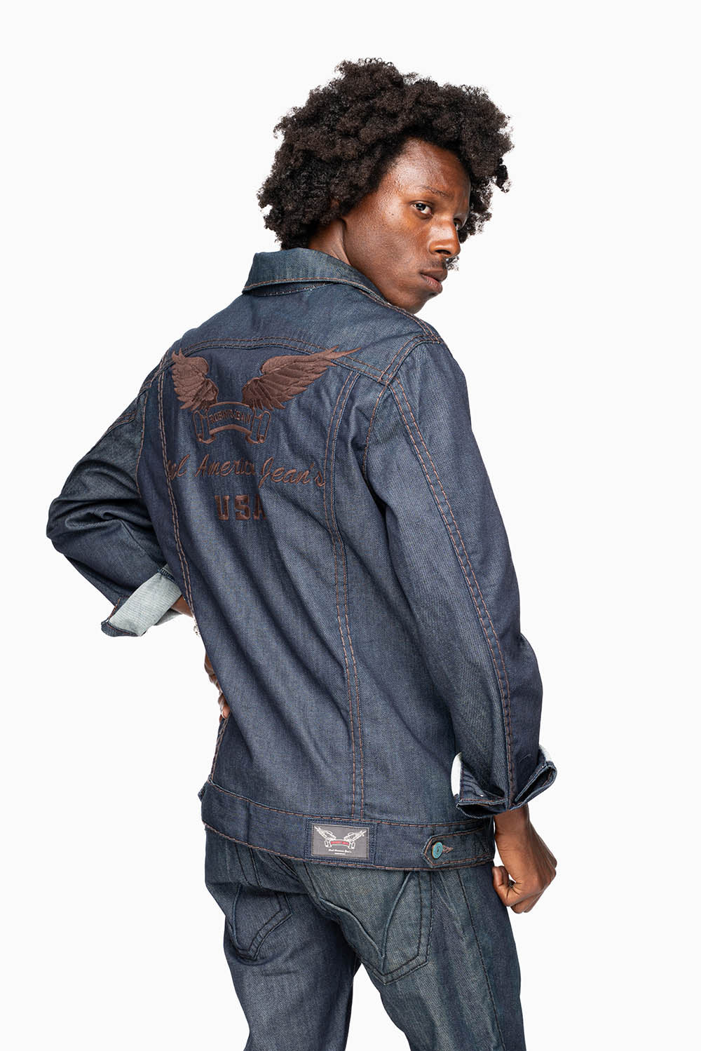 MEN’S CLASSIC RAW  DENIM  JEAN JKT WITH HEAVY BROWN CONTRAST STITCHING AND ROBIN’S WING LOGO EMBROIDERY - Image 8