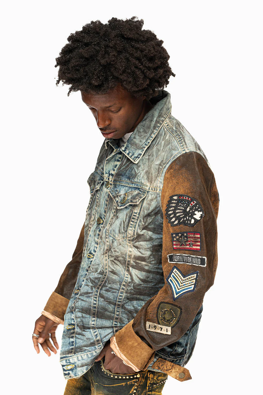 MEN’S  DENIM/LEATHER JACKET IN D WASH BROWN WITH PATCHES - Image 3