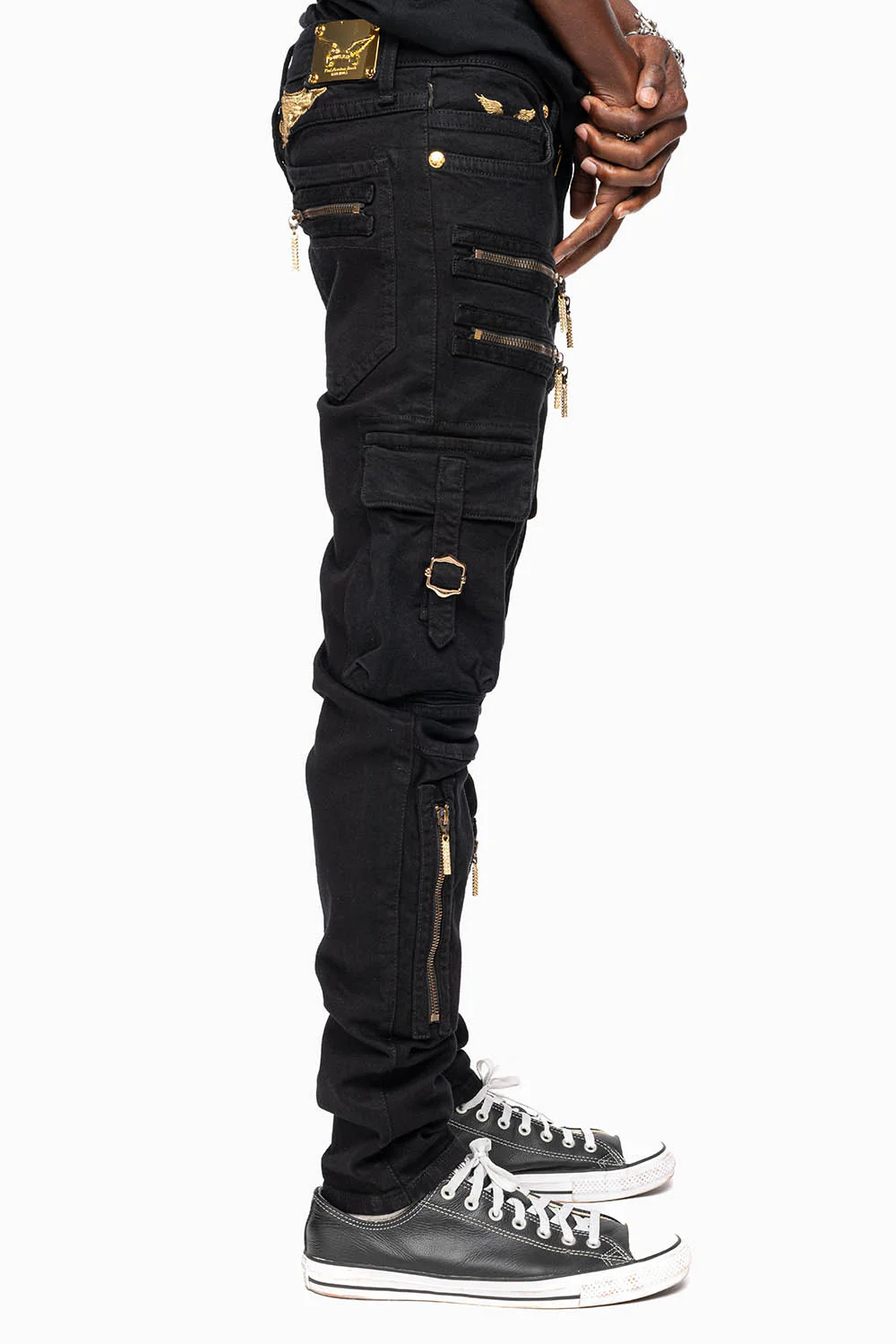 MEN’S  MILITARY STYLE CARGO MOTO- ZIP JEANS IN PURE BLACK - Image 5