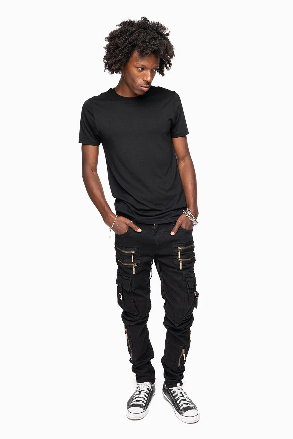 MEN’S  MILITARY STYLE CARGO MOTO- ZIP JEANS IN PURE BLACK - Image 6