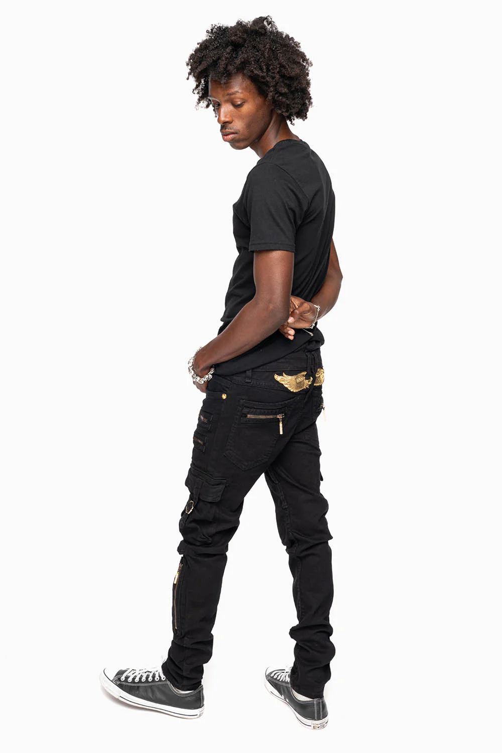 MEN’S  MILITARY STYLE CARGO MOTO- ZIP JEANS IN PURE BLACK - Image 8