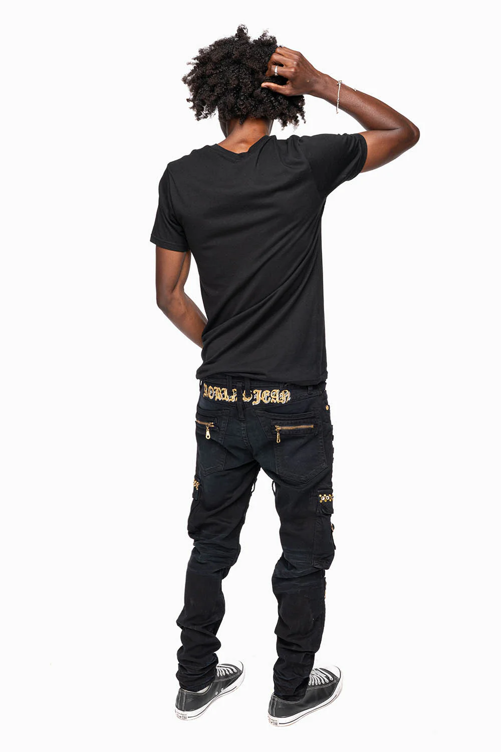 MEN’S  MILITARY STYLE CARGO MOTO- ZIP JEANS IN PURE BLACK EMBELLISHED WITH CRYSTALS - Image 10