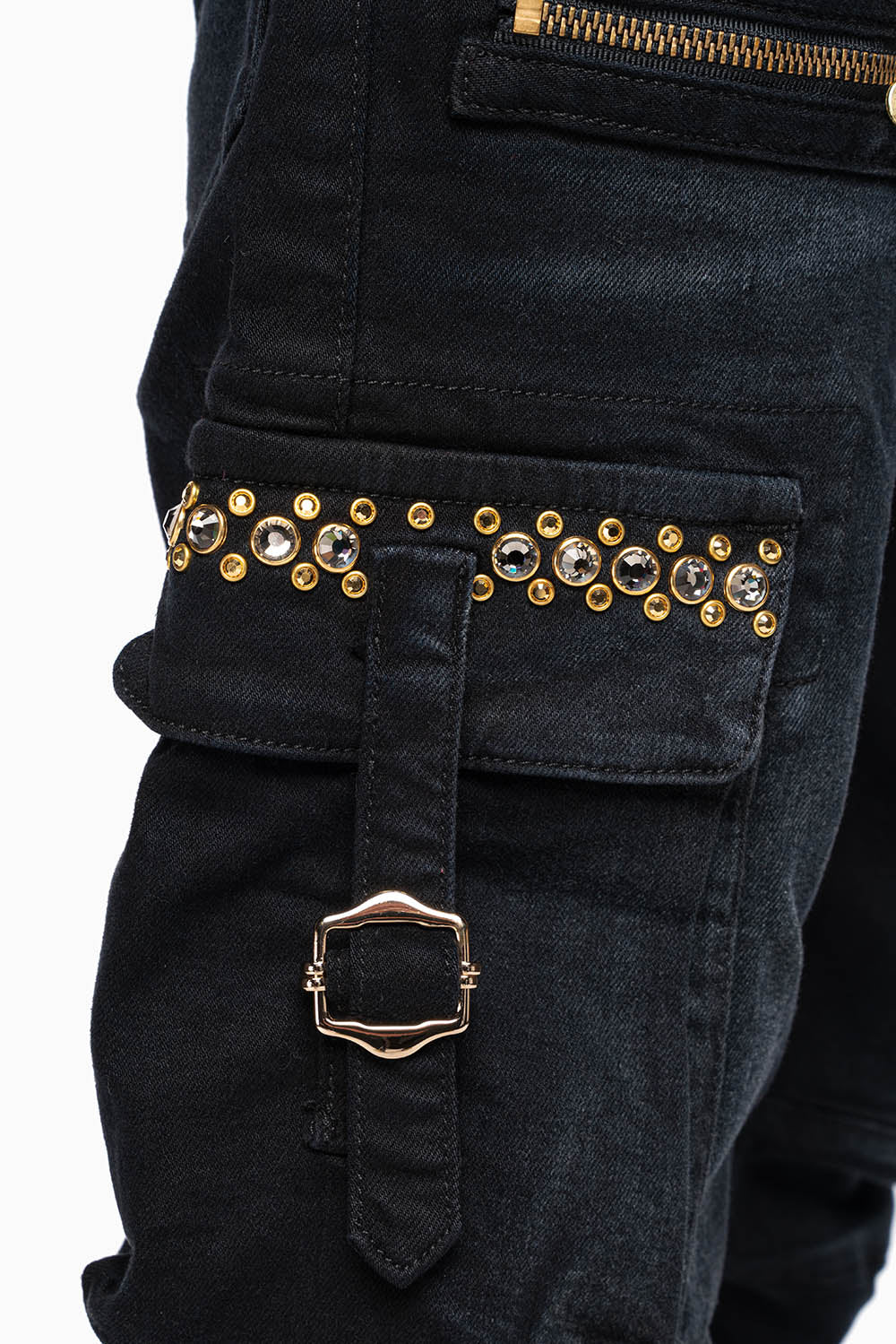 MEN’S  MILITARY STYLE CARGO MOTO- ZIP JEANS IN PURE BLACK EMBELLISHED WITH CRYSTALS - Image 2