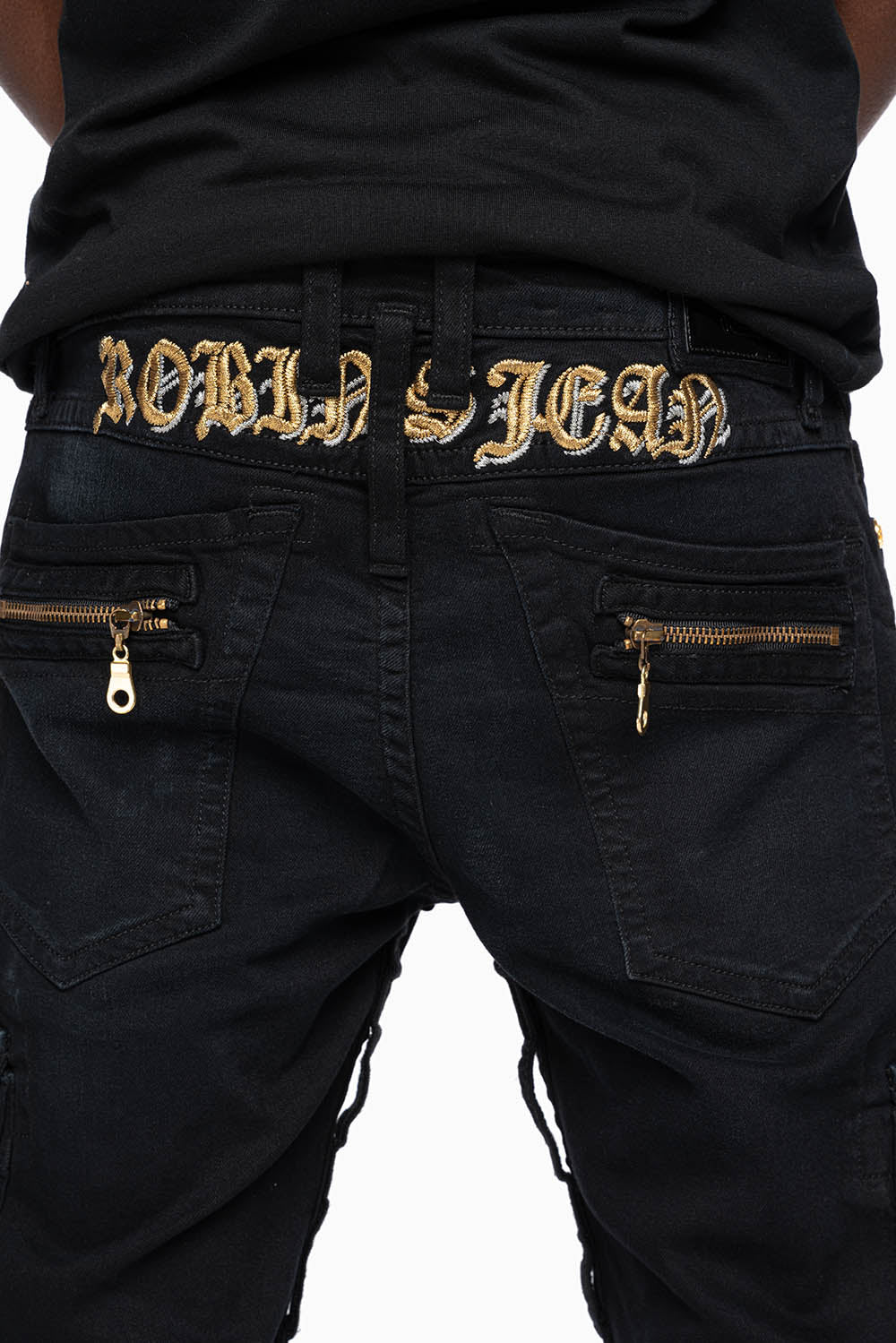 MEN’S  MILITARY STYLE CARGO MOTO- ZIP JEANS IN PURE BLACK EMBELLISHED WITH CRYSTALS - Image 3