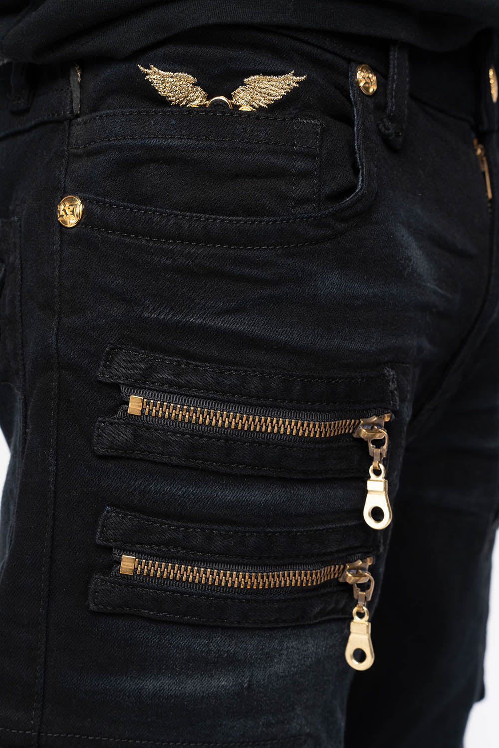 MEN’S  MILITARY STYLE CARGO MOTO- ZIP JEANS IN PURE BLACK EMBELLISHED WITH CRYSTALS - Image 4