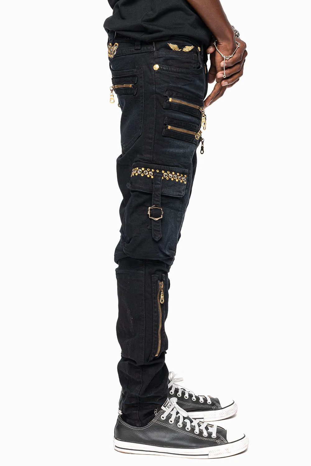 MEN’S  MILITARY STYLE CARGO MOTO- ZIP JEANS IN PURE BLACK EMBELLISHED WITH CRYSTALS - Image 6