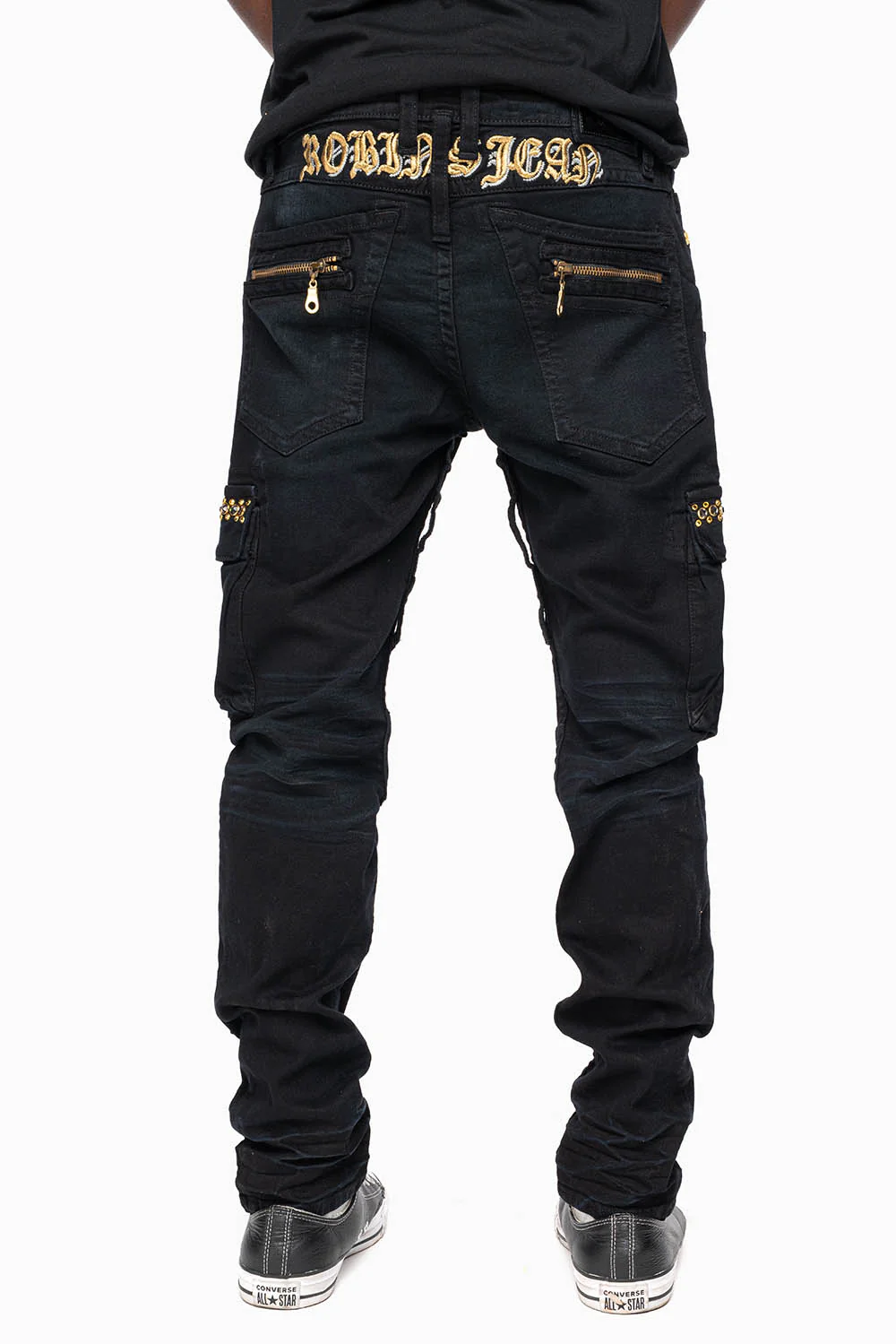 MEN’S  MILITARY STYLE CARGO MOTO- ZIP JEANS IN PURE BLACK EMBELLISHED WITH CRYSTALS - Image 7
