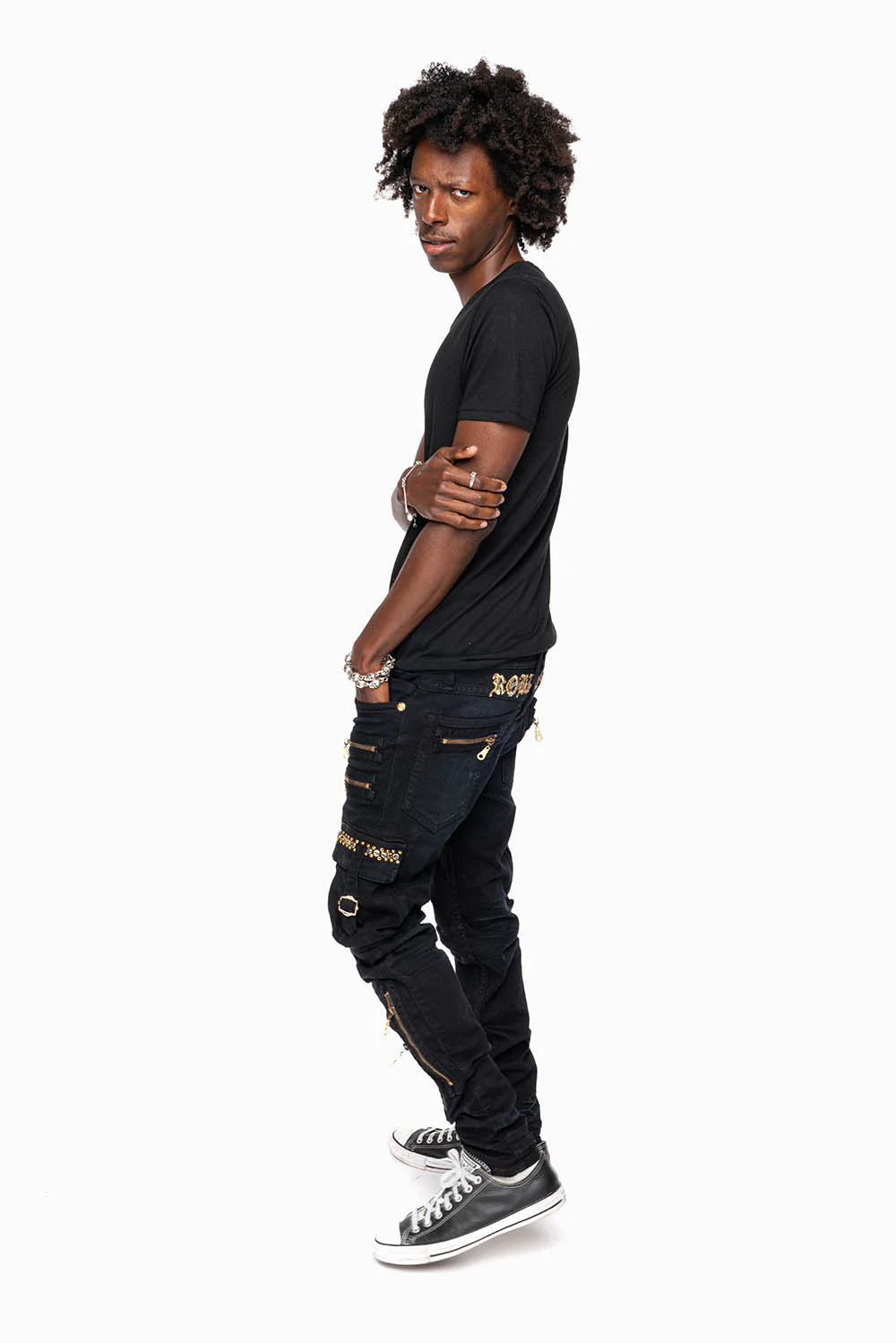 MEN’S  MILITARY STYLE CARGO MOTO- ZIP JEANS IN PURE BLACK EMBELLISHED WITH CRYSTALS - Image 8