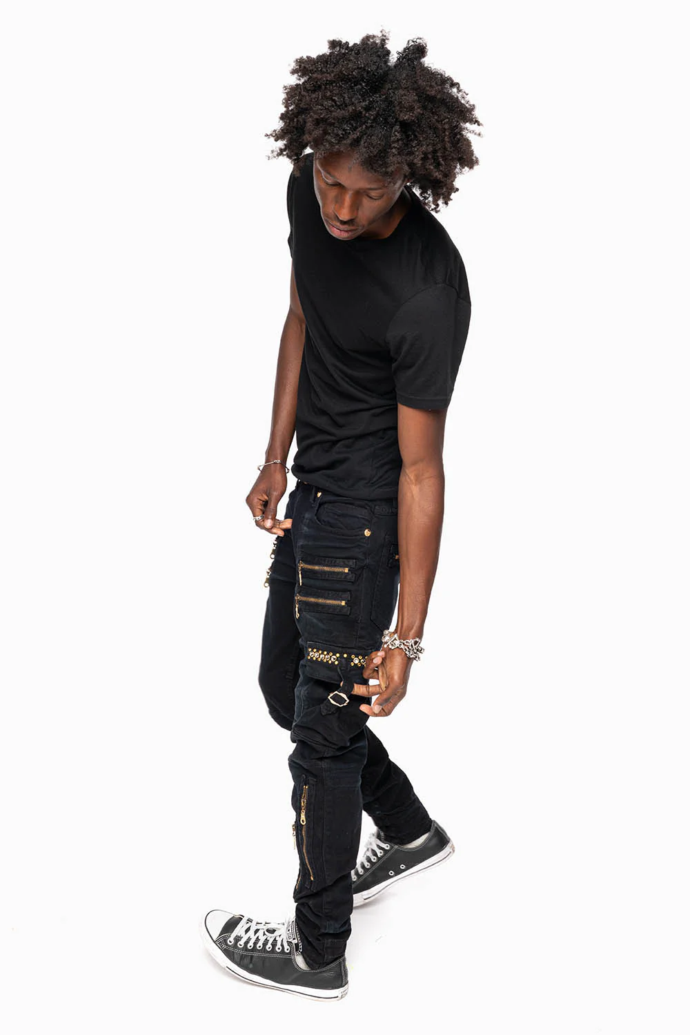MEN’S  MILITARY STYLE CARGO MOTO- ZIP JEANS IN PURE BLACK EMBELLISHED WITH CRYSTALS - Image 9
