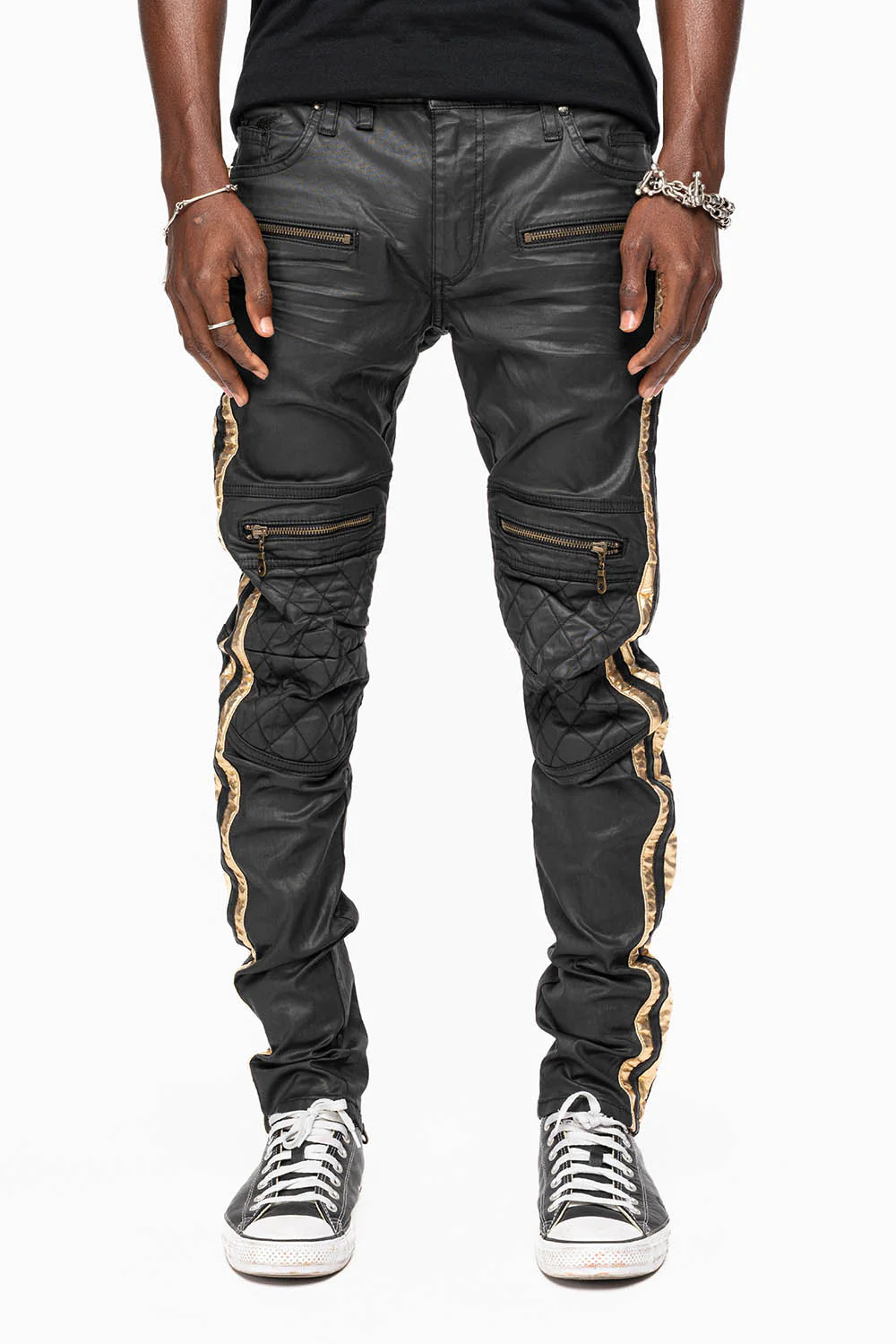 MENS BIKER JEANS IN BLK DY FABRIC WITH GOLD STRIPES - Image 2