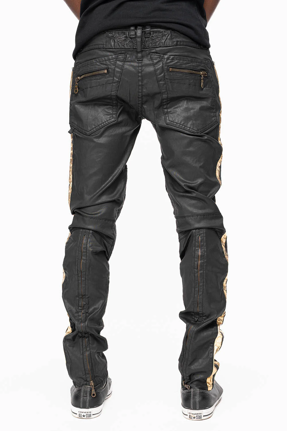 MENS BIKER JEANS IN BLK DY FABRIC WITH GOLD STRIPES - Image 3