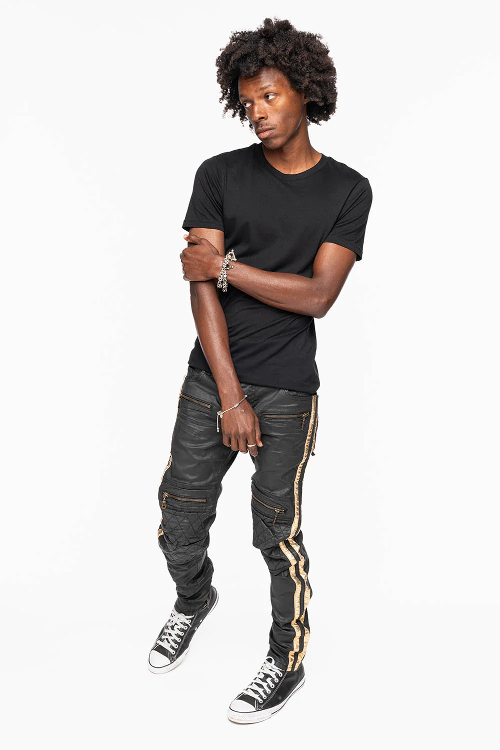 MENS BIKER JEANS IN BLK DY FABRIC WITH GOLD STRIPES - Image 4