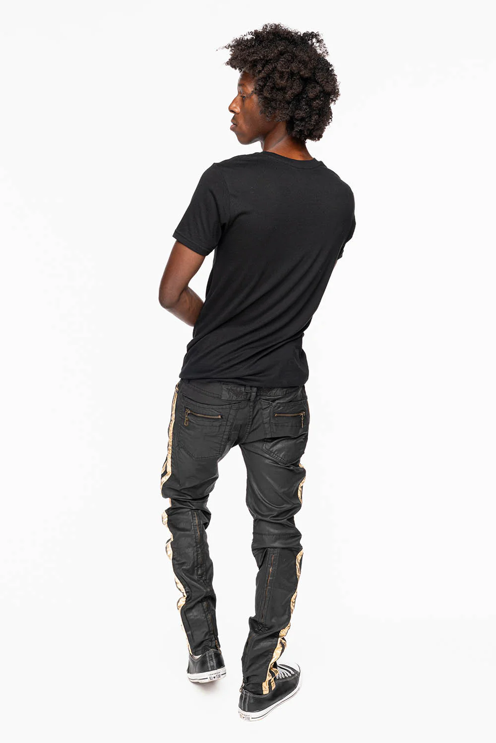 MENS BIKER JEANS IN BLK DY FABRIC WITH GOLD STRIPES - Image 6