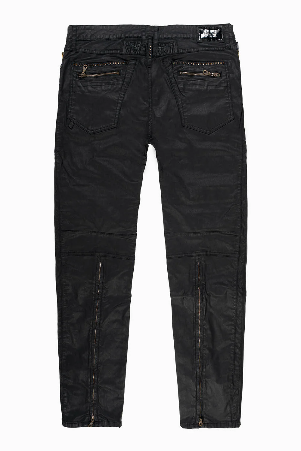 MENS BIKER JEANS IN DY FABRIC IN BLACK WASH WITH CAMEL INSERTS KNEE  EMBELLISHED WITH CRYSTALS - Image 2