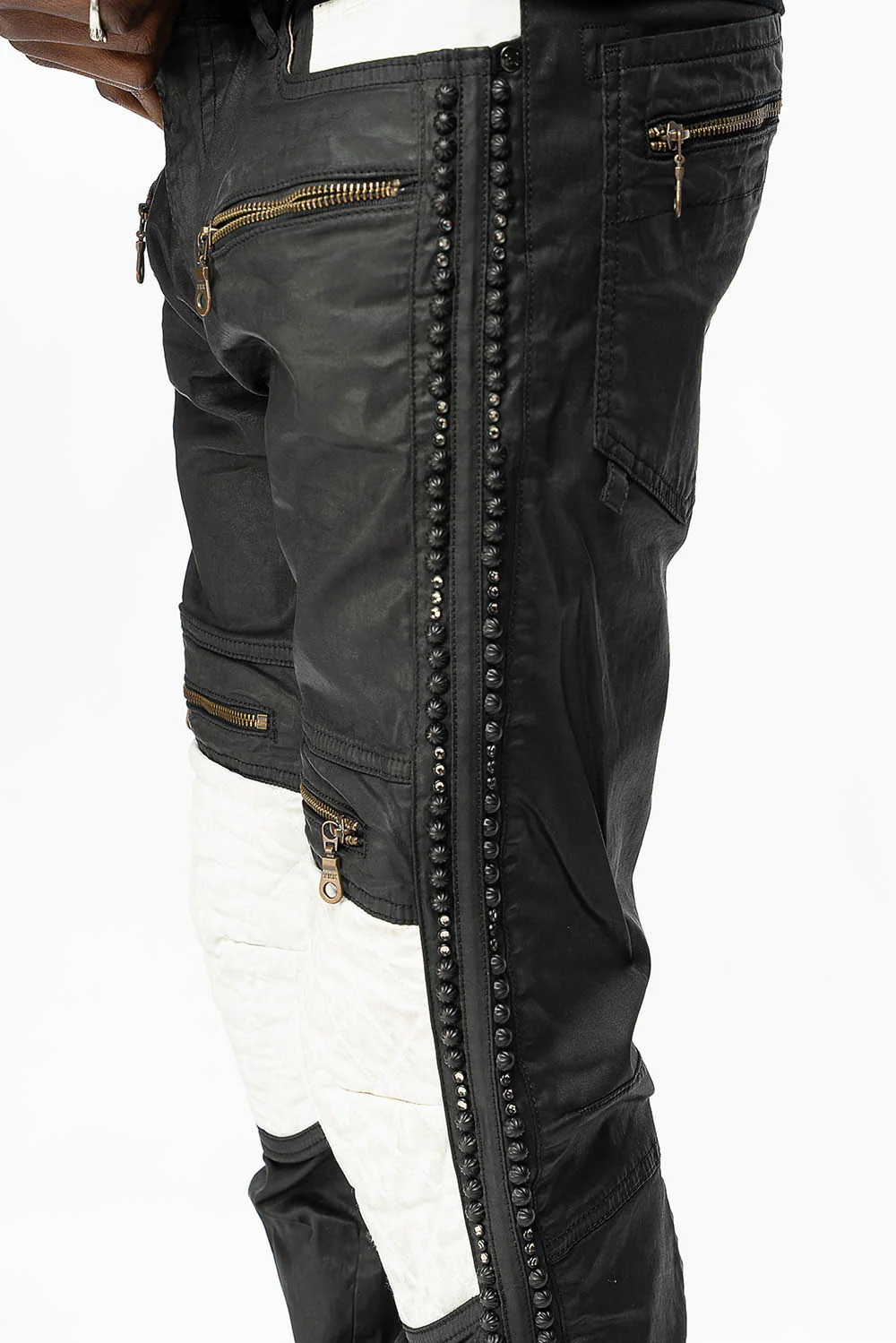 MENS BIKER JEANS IN DY FABRIC IN BLACK WASH WITH WHITE INSERTS WITH STUDS AND CRYSTALS - Image 4