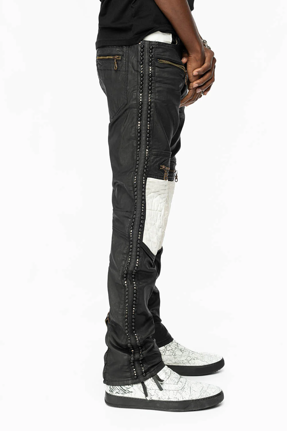 MENS BIKER JEANS IN DY FABRIC IN BLACK WASH WITH WHITE INSERTS WITH STUDS AND CRYSTALS - Image 6