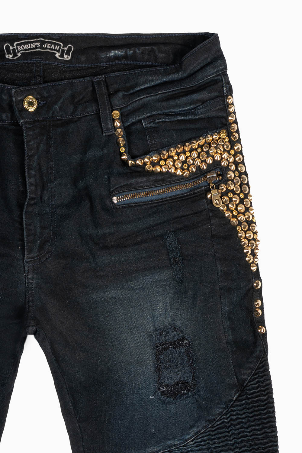 MENS BIKER JEANS IN F-UP BLACK WASH EMBELLISHED WITH GOLD NAILHEADS AND AURUM CRYSTALS - Image 2