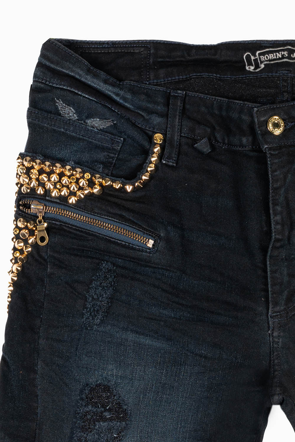 MENS BIKER JEANS IN F-UP BLACK WASH EMBELLISHED WITH GOLD NAILHEADS AND AURUM CRYSTALS - Image 3