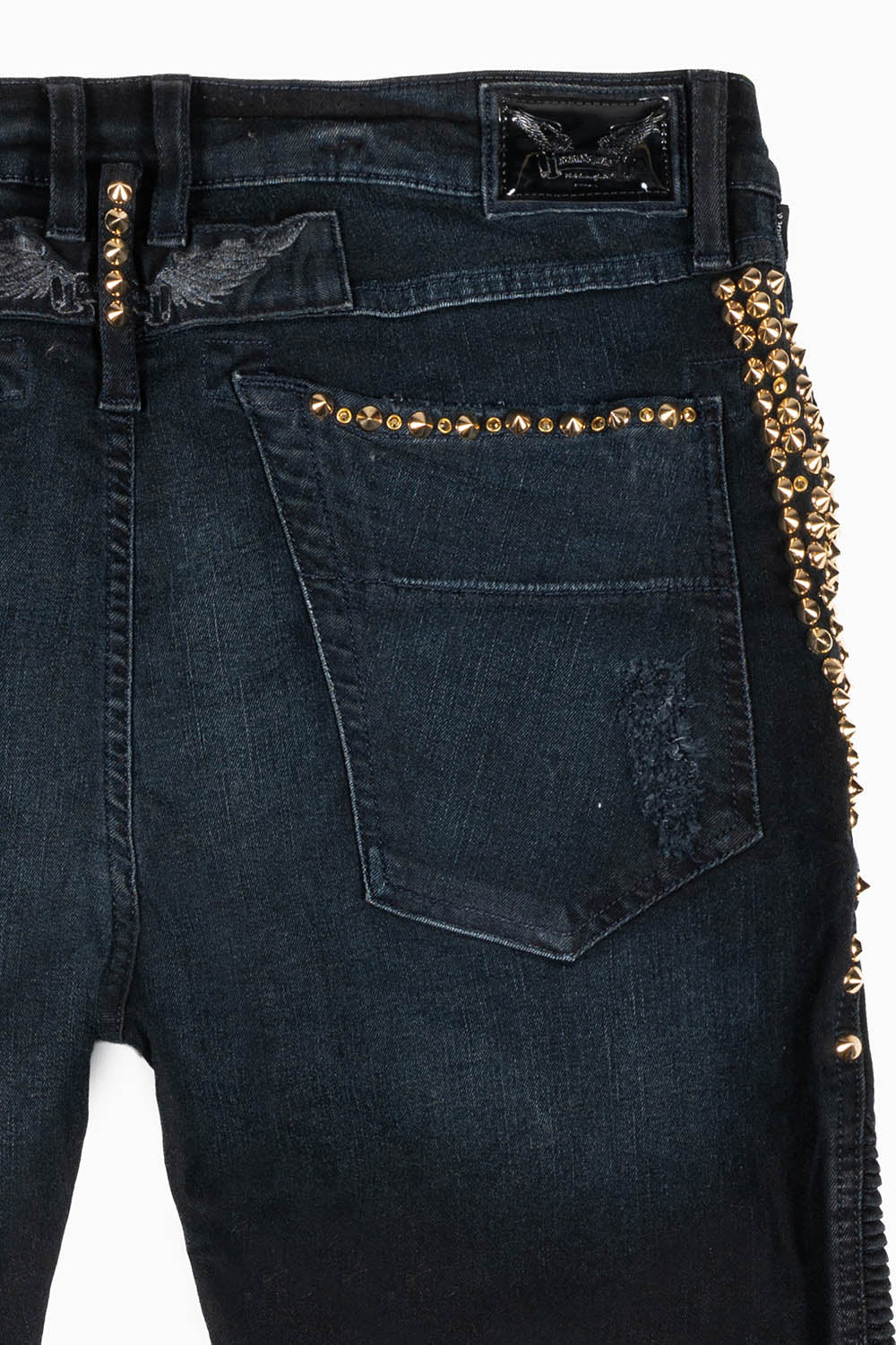 MENS BIKER JEANS IN F-UP BLACK WASH EMBELLISHED WITH GOLD NAILHEADS AND AURUM CRYSTALS - Image 5