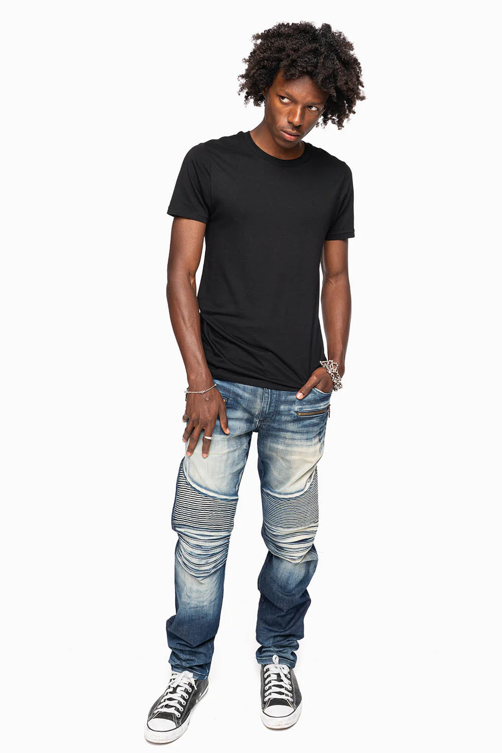 MENS BIKER JEANS IN LEYTON DARK  WASH - Image 4