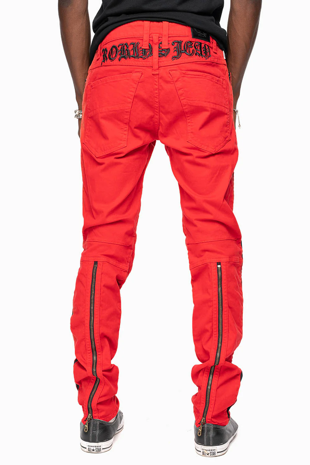 MENS BIKER JEANS IN RED SP FABRIC WITH BLK STRIPES - Image 2
