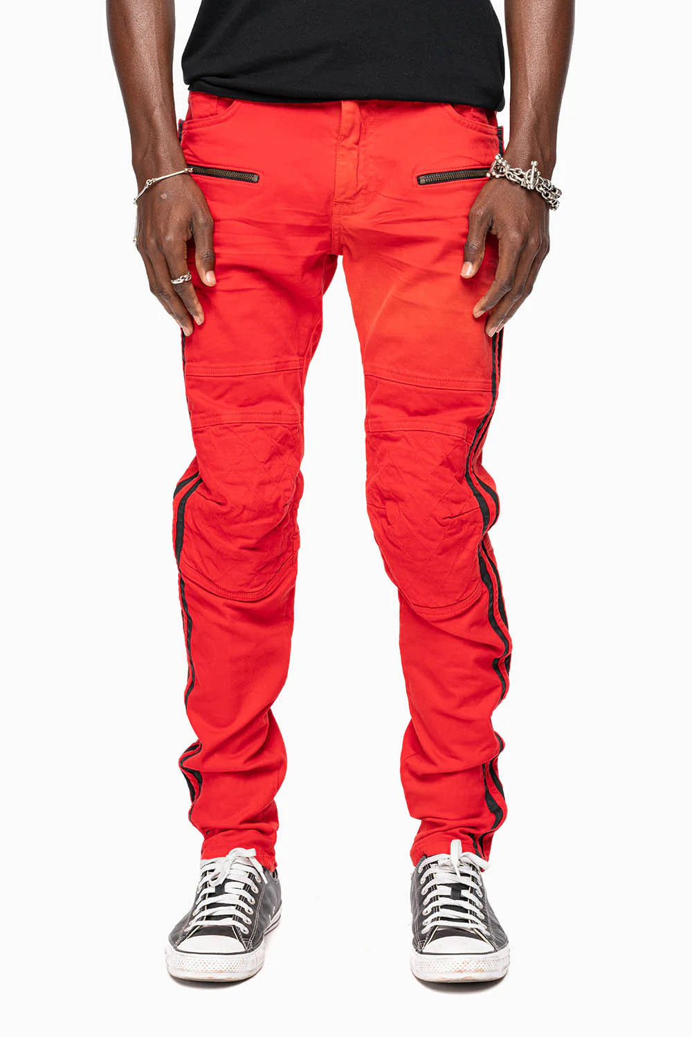 MENS BIKER JEANS IN RED SP FABRIC WITH BLK STRIPES - Image 3