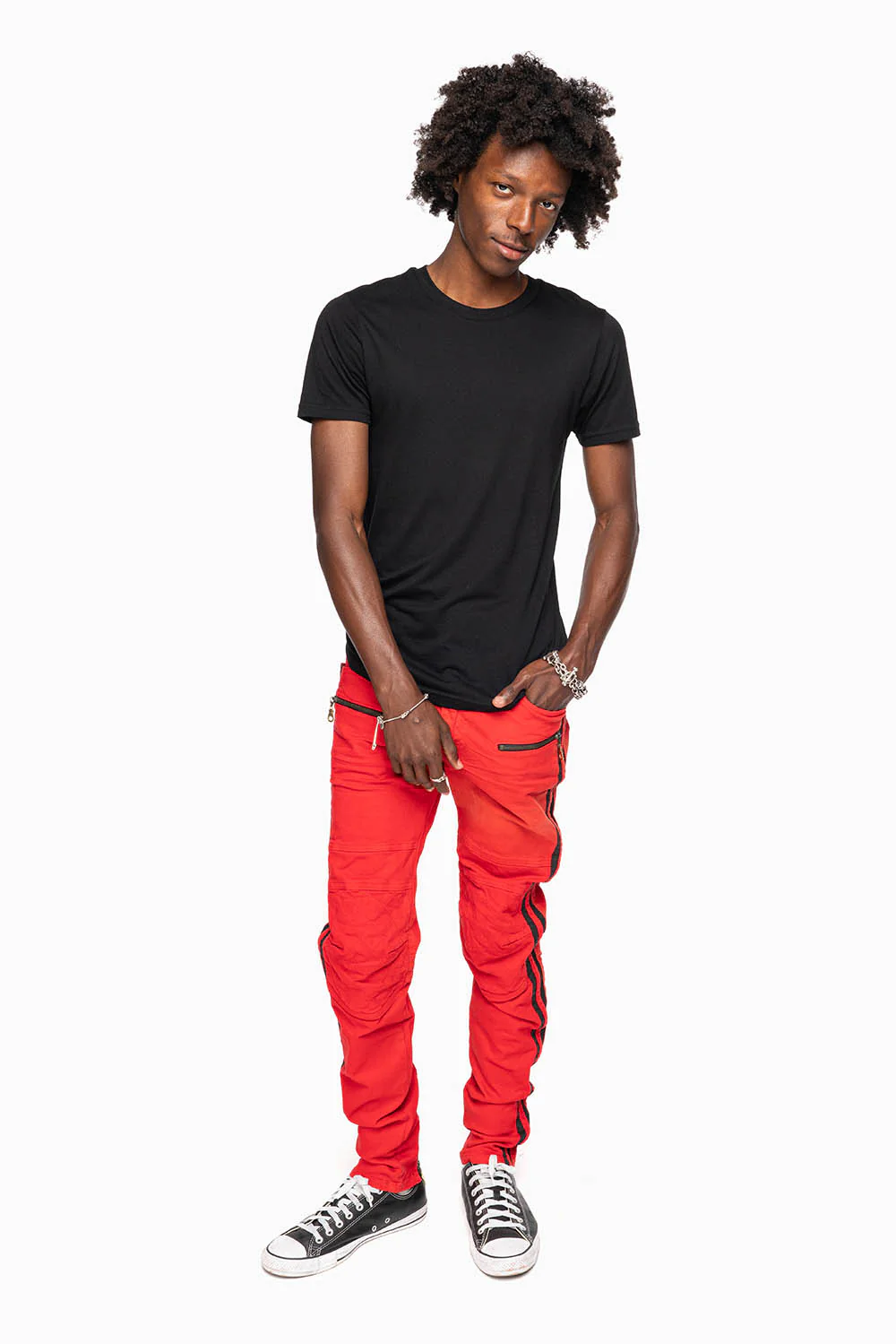 MENS BIKER JEANS IN RED SP FABRIC WITH BLK STRIPES - Image 4