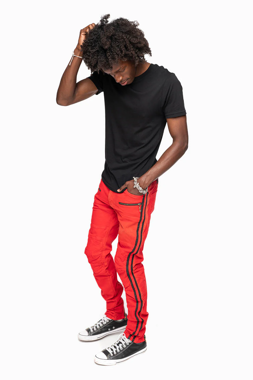 MENS BIKER JEANS IN RED SP FABRIC WITH BLK STRIPES - Image 5