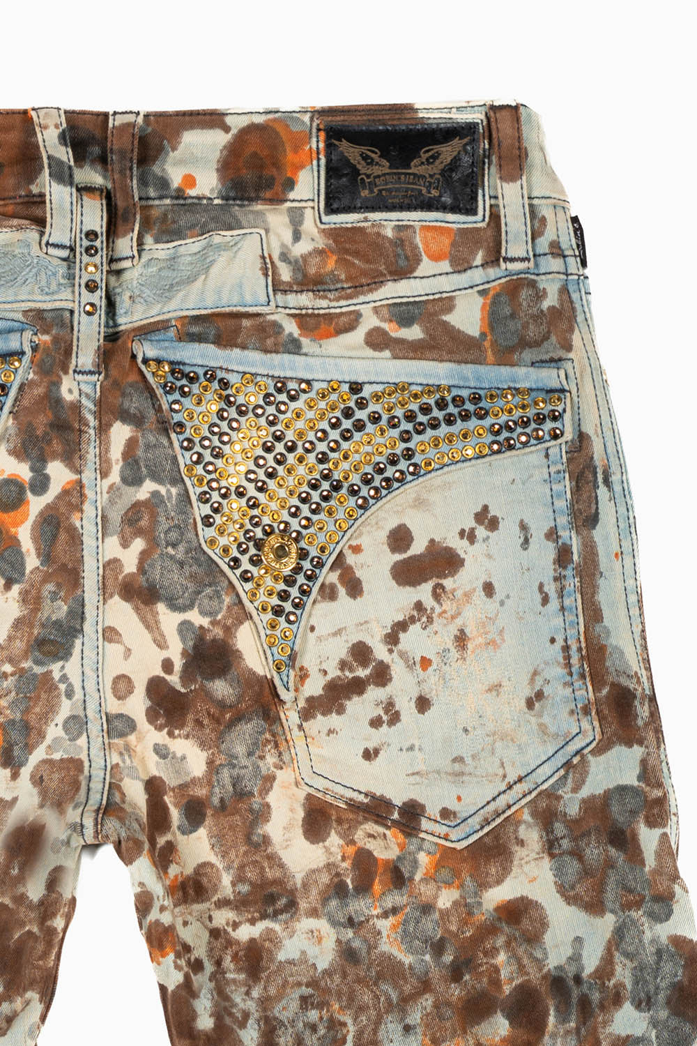 MENS BIKER JEANS WITH FLAP IN DESERT RAOUL BROKEN REPAIRED WASH WITH  CRYSTALS - Image 3